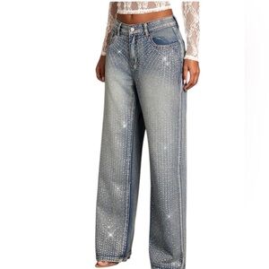 Rhinestone Sparkling Straight -Leg Jeans
